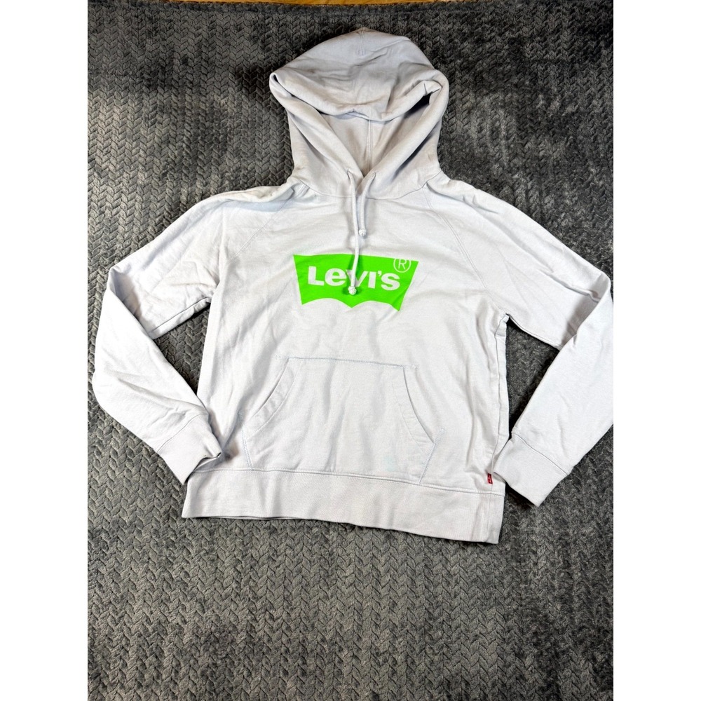 Levi's Hoodie Womens Medium White Spelout Logo Drawstring Ribbed Raglan Sleeve
